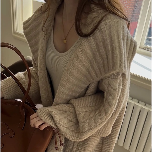 148. Maxi oversized Tan beige Cardigan Sweater Chunky Long Cable Rib Duster - Picture 11 of 12